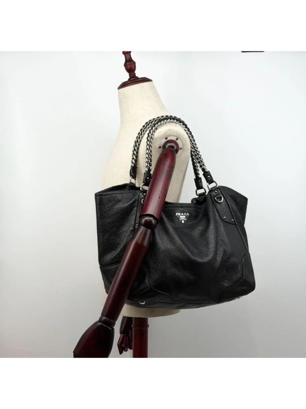 Prada Vitello Daino Leather Chain Hobo Handbag Triangle